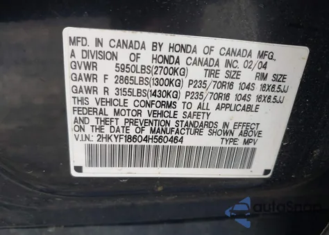 2004 Honda Pilot Ex-L from USA, damaged, VIN 2HKYF18604H560464